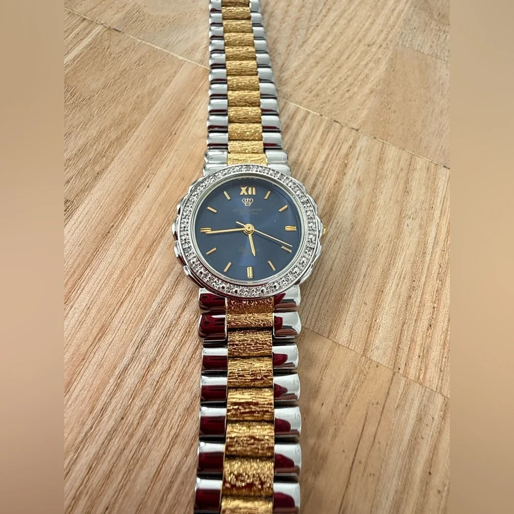 Jules Jurgensen ladies blue dial diamond to tone watch NEW BATTERY